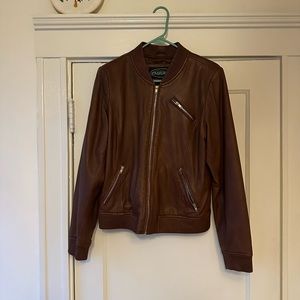 Overland brown leather bomber with gold zip